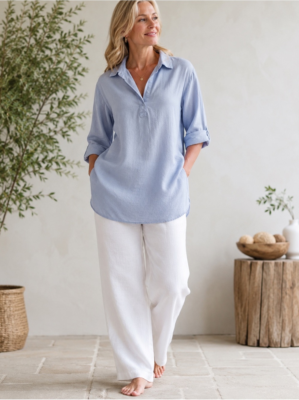 Rosemarine 100% Linen Oversized Tunic Top Powder Blue